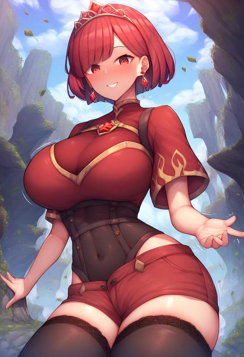  masterpiece,  the best quality, absurdities,  highres,  newest , 1 girl, Alone , prdef ,  red eyes,  red hair,  short hair, tiara,  earrings,  chest jewel ,  big breasts,  impossible clothes , without fingers,  red shorts,  thighs,  skin indentation,  hig...