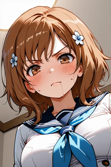 ohana_matsumae,1 female,solo,
short hair,brown hair,hair ornament,
brown eyes,flower,hair flower,
stupid hair,long hair,
pretty,large breast,nipple,
looking at viewer,dutch angle,
blush,sweat,drool,white breath,
Incontinence,ecstasy,orgasm,climax,
feeling...