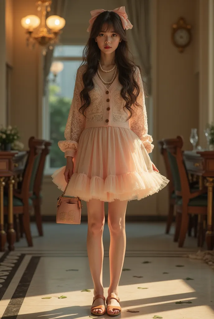 Realistic, photo, smile, full body, cinematic light,  girl, glamorous young girl, 18 year old, very pale white skin, wearing brand-name pastel lace cardigan, hum ruffle skirt, tutu skirt, Mary Jane shoes, very long dark brown hair, ribbon on hair, pearl ne...