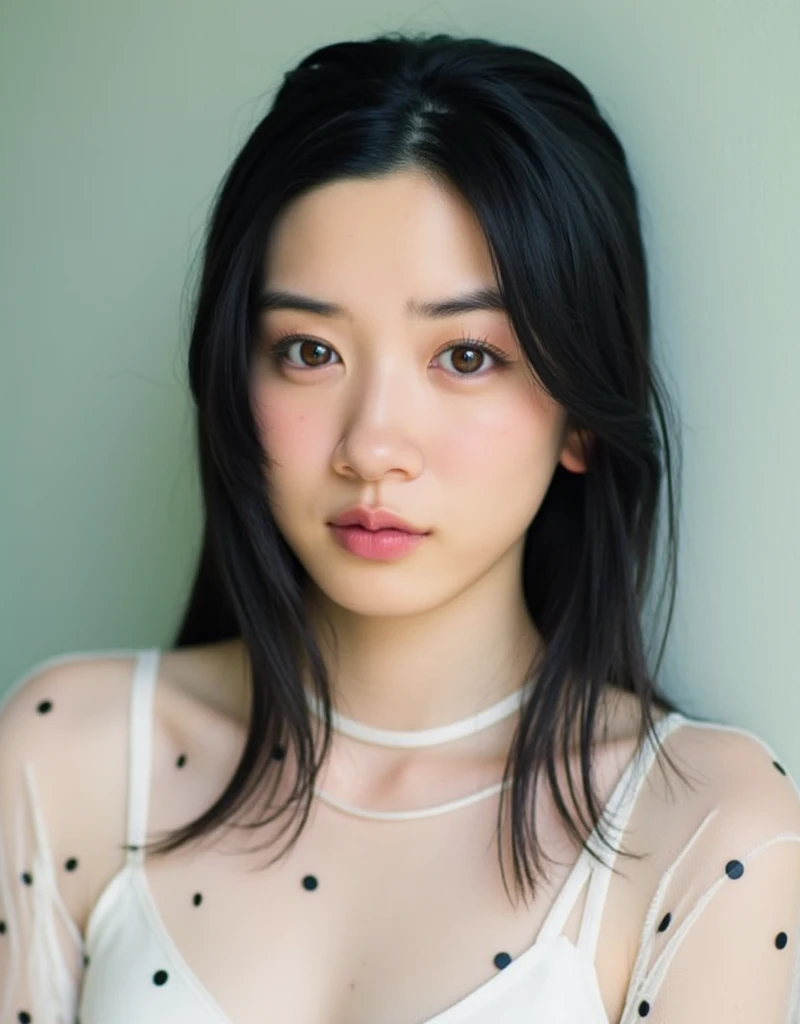 The image is a close-up photograph of a young Asian woman named Mei, captured from the shoulders up against a plain, light-colored background. She has a fair skin tone and straight, shoulder-length black hair that appears slightly damp, possibly from rain ...