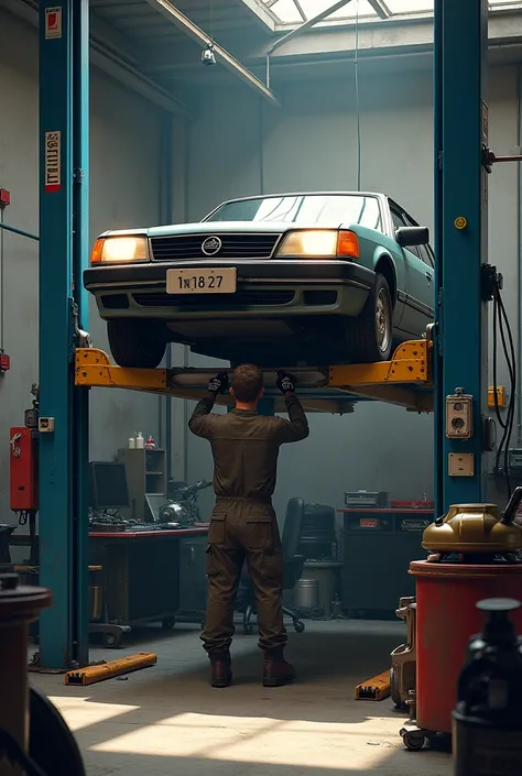 Car on the elevator and mechanic fixing it

