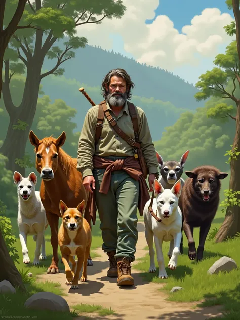 Man walks with animals