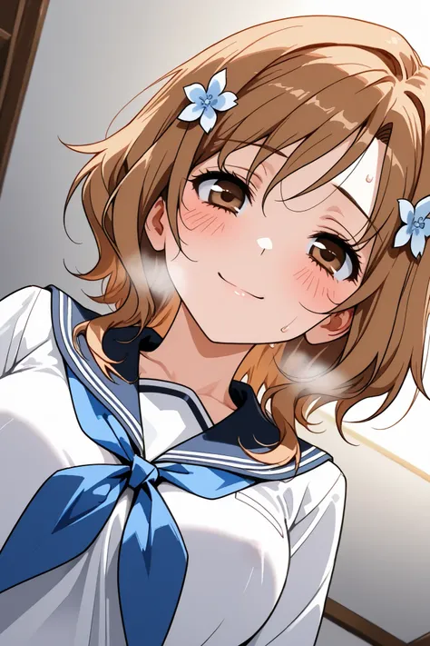 ohana_matsumae,1 female,solo,
short hair,brown hair,hair ornament,
brown eyes,flower,hair flower,
stupid hair,long hair,
pretty,large breast,nipple,
looking at viewer,dutch angle,

blush,sweat,drool,white breath,
Incontinence,ecstasy,orgasm,climax,
feeling...