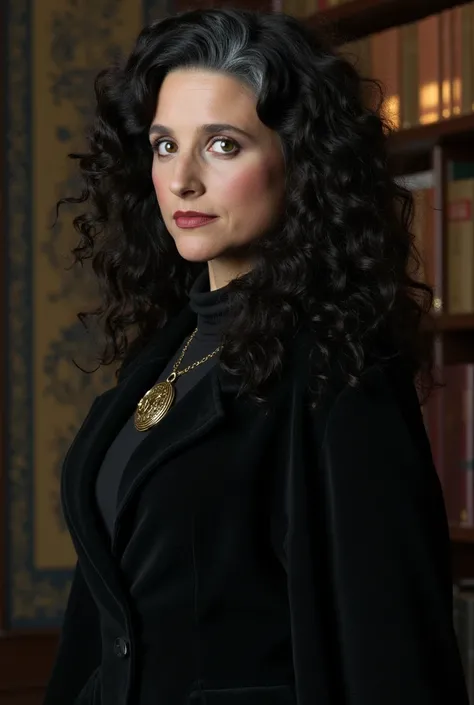 Julia Louis-Dreyfus as a Miskatonic University professor. Female. Mysterious and Alluring Archeology Professor. Elegant with graying raven-black hair, pale skin, and piercing amber eyes. Always adorned in Gothic academic attire, with a necklace bearing an ...