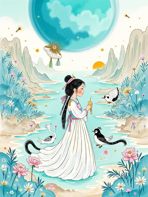  Yeoniu Choi's healing stick figure style ,  1girl ,  A long scroll of Chinese landscape ，There is a pavilion in the painting、Mountain Spring 、Bird，An ancient Chinese beauty， Wearing a white gauze skirt， with gorgeous ornaments on the head ， Her whole body...