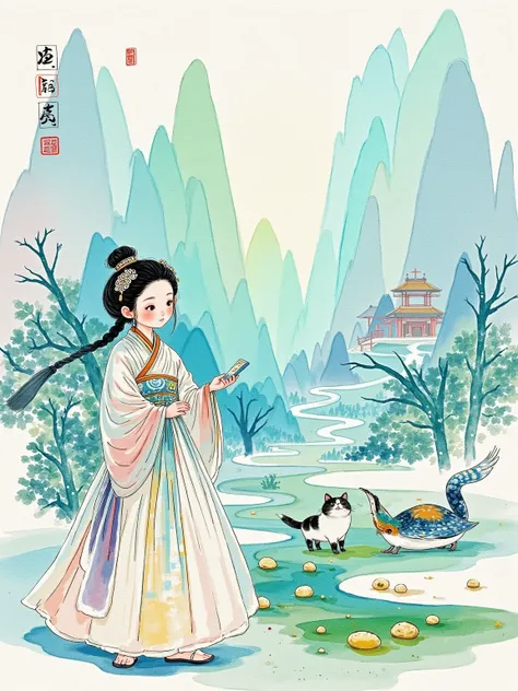  Yeoniu Choi's healing stick figure style ,  1girl ,  A long scroll of Chinese landscape ，There is a pavilion in the painting、Mountain Spring 、Bird，An ancient Chinese beauty， Wearing a white gauze skirt， with gorgeous ornaments on the head ， Her whole body...