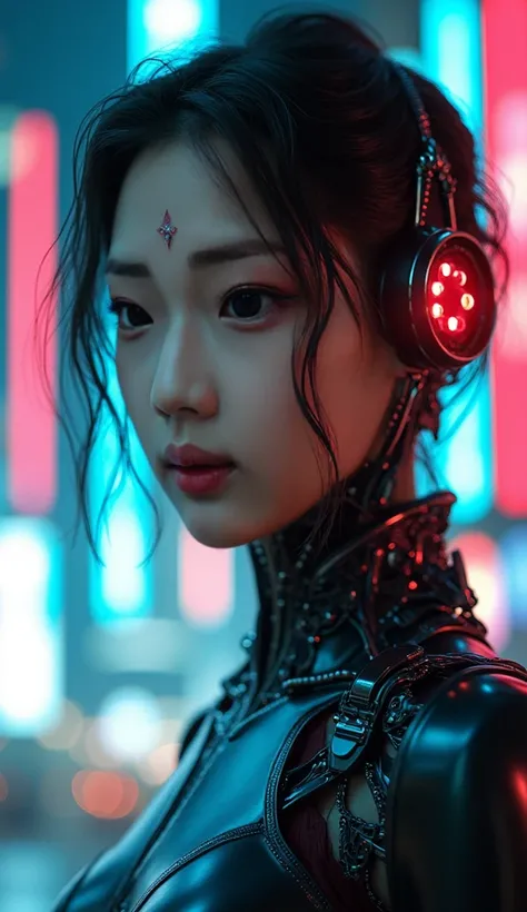 closeup,Future mechanical girl, shining metal ,Shining action,ethereal,Future Technology,Advanced artificial intelligence,Neon-lit cityscape,Metal exoskeleton,Highly detailed facial features,Glowing eyes,Crafted synthetic skin,Luxury futuristic fashion,Sus...