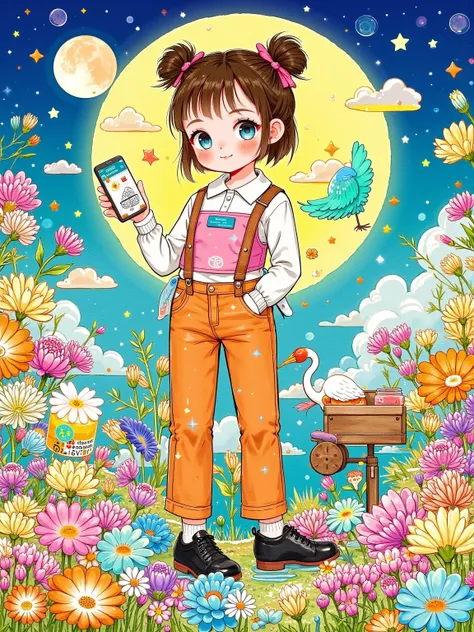 (A cute girl wearing a pink suspender), (orange jeans:1.5), (Black leather shoes:1.9), front, (((whole body:1.6))), Cartoon illustration, Created by Ms. Becca Doodlefly, Style: grunge rock beauty, sandara tang, Mixed Patterns, letter, Charming Character Il...