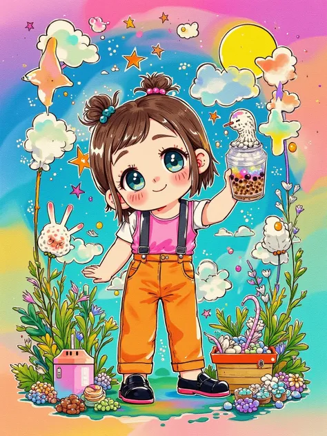 (A cute girl wearing a pink suspender), (orange jeans:1.5), (Black leather shoes:1.9), front, (((whole body:1.6))), Cartoon illustration, Created by Ms. Becca Doodlefly, Style: grunge rock beauty, sandara tang, Mixed Patterns, letter, Charming Character Il...