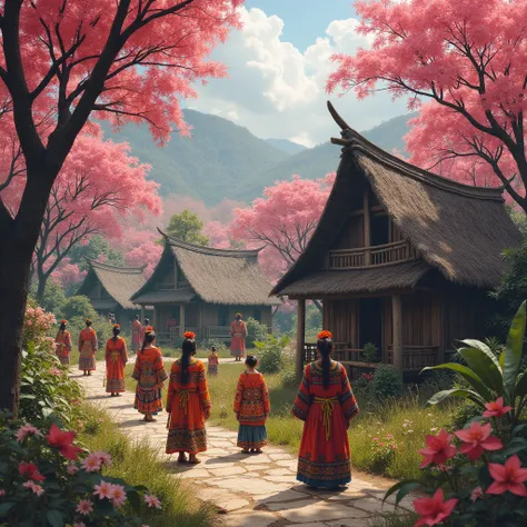  A people who wear cultural clothes and live in houses built in the middle of pink forests,  salmon and green like the Amazon rainforest , Are living day by day 