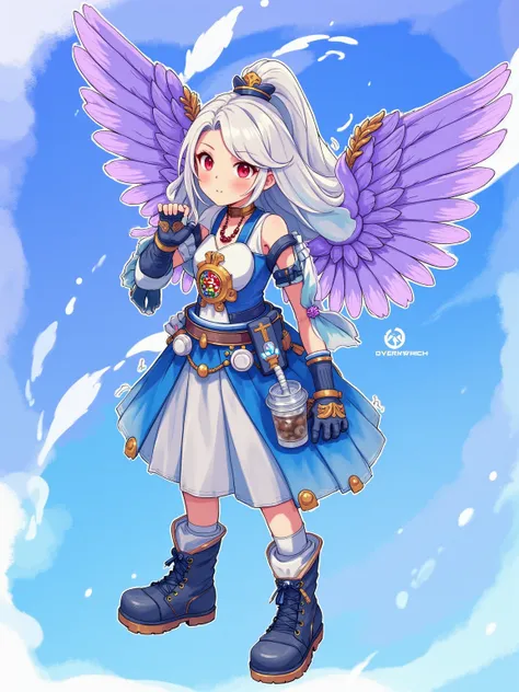 mercy_overwatch,1girl,portrait, upper body, cowboy shot, hand pose, purple wings, hair over one eyes, blue armor, skirt,mechanical wings,red eyes,candid,close up, alternates costume, character concept, blue theme, white accent, black, neckles, high detail,...