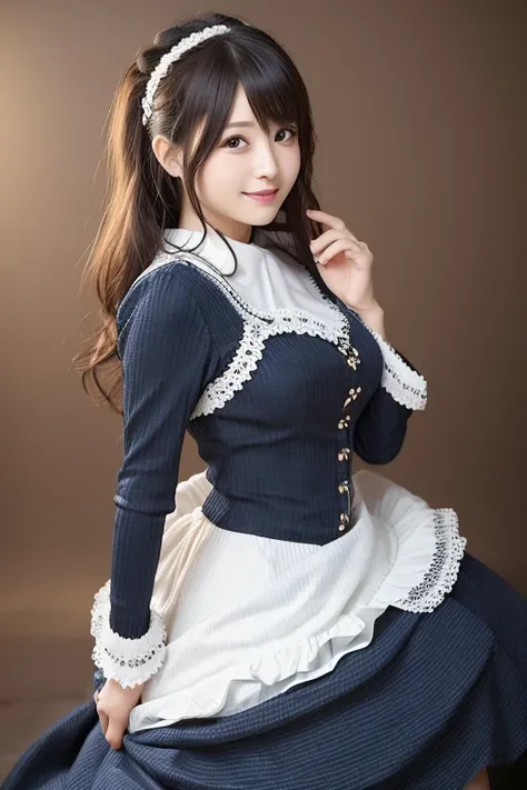  Realistic Photo Quality 、青と白の dressと黒い手袋をはめた女性がいます,  Anime Girl Cosplay ,  Anime Cosplay ,  Cosplay Photo,   Professional Cosplay , costume with line art blue accents ,   Elegant Glamorous Cosplay , Maid! dress、 looking at camera、Detailed and beautiful ey...