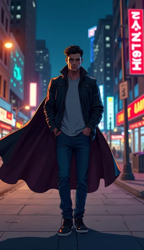 A young man in his early 30s with short dark hair and a determined gaze walks down a city street at night, illuminated by neon lights. He wears a stylish leather jacket, hands in his pockets, exuding quiet confidence. Behind him, his shadow stretches onto ...