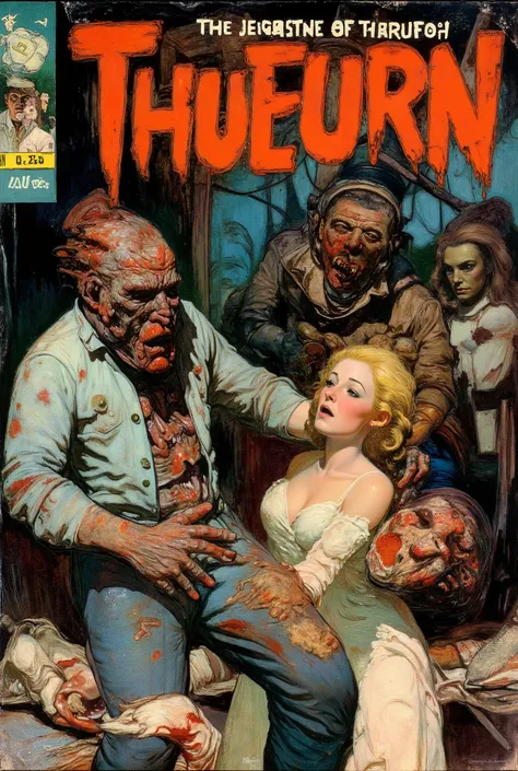 60's horror comic book, "SAVAGE SCIENCE FICTION!"man with melting face, radiation burns, sexually assaulting scared female, terrified blonde covering her mouth as she screams in fear, in secret laboratory, burning the flesh off mad scientist, sucking in hi...