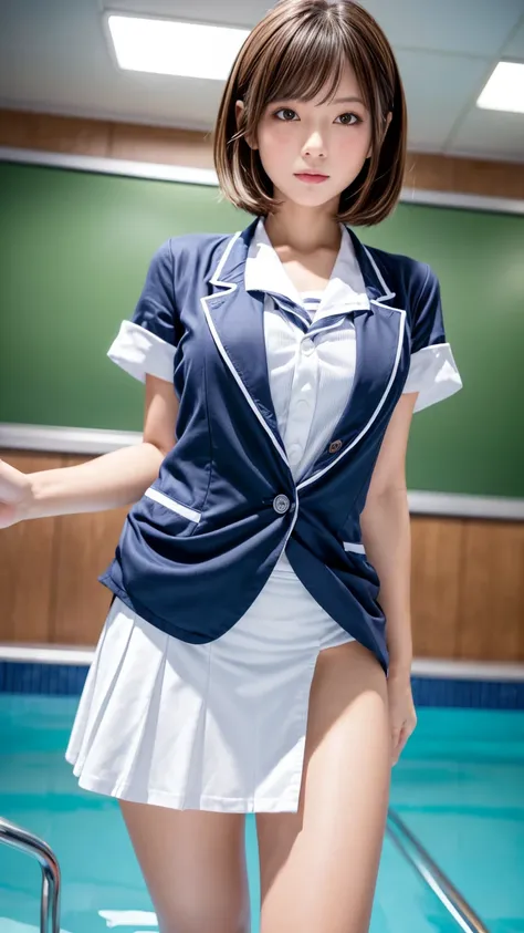 Product quality, 1 girl,(well-proportion:1.3),( photographed from below:1.4),( thighs emphasized:1.4), Japanese Young Pretty Girl , orbital space,(background - inside a school classroom:1.4),( short sleeve shirt:1.3),( sailor suit:1.3),( blazer:1.3), (Ultr...