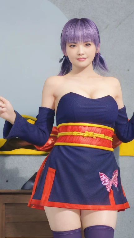 Ayane　 cosplay，  Red Eye,  purple hair,  SHORT HAIR,  Detachable Sleeves ,  kimono,  off shoulder ， purple knee socks ,  miniskirt,  eyeshadow， red lipstick， stylish， excellent style，smile， G-cup chest facing directly ，Big Breasts， popup， soft big breasts，...