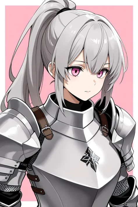 full plate knight armor, light gray long ponytail, downturned dark cirlce pink eyes gray knight girl