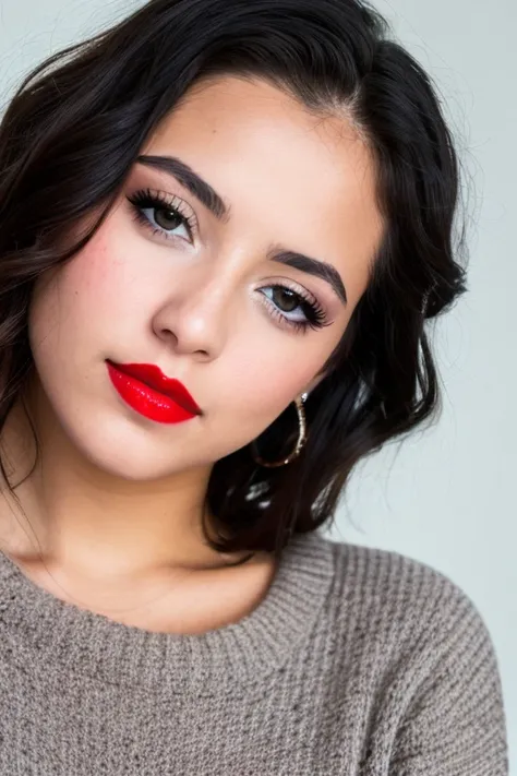  an image of CamilaC's face _they_ (with black sweater:1.2), ((Vista frontal:1.2)) ,Red lips ,and a ((( Close-up EXTRA ))),  pale skin,  the background is ruins of a city, ( high definition skin :1.2), 8k UHD,  digital reflex camera ,  soft lighting ,  Hig...