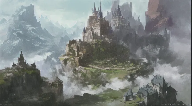  painting There is a castle in the mountains，, painterly Concept map, painted as a game Concept map,  final fantasy VLL world concept , high fantasy Concept map, Concept map. Epic landscape, fantasyConcept map, Fantasy concept painting , high quality Conce...