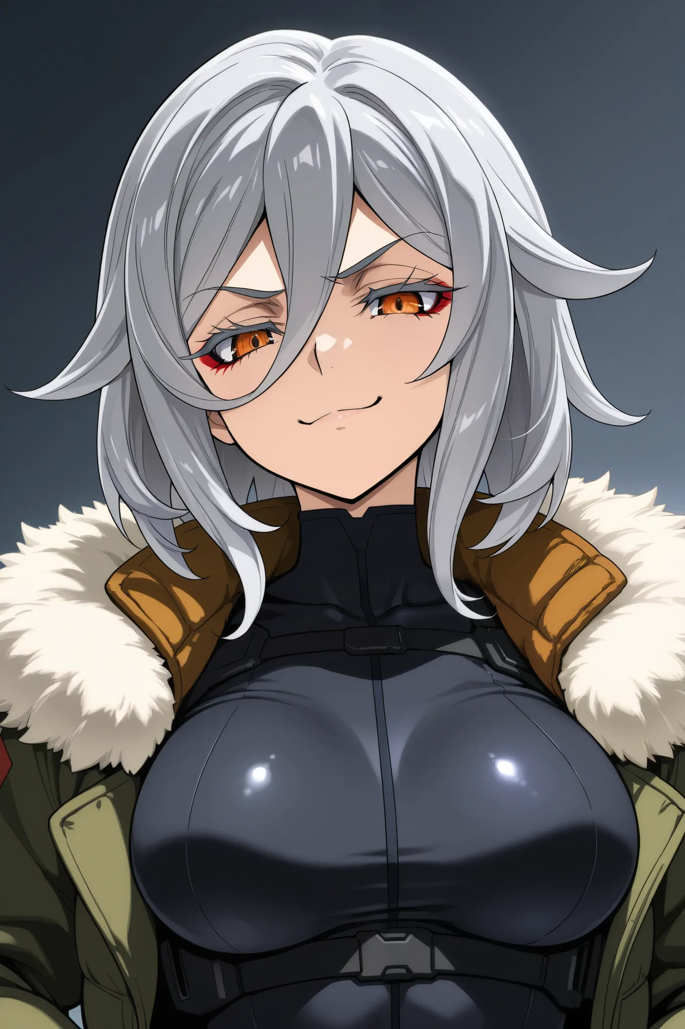 Aged up, mesugaki, smug, tall, medium breasts, grey hair, medium hair, hair between eyes, orange eyes, grey eyelashes, red eyeshadow, black body suit, fur trimmed jacket, tactical clothes, gundam tekketsu no orphans