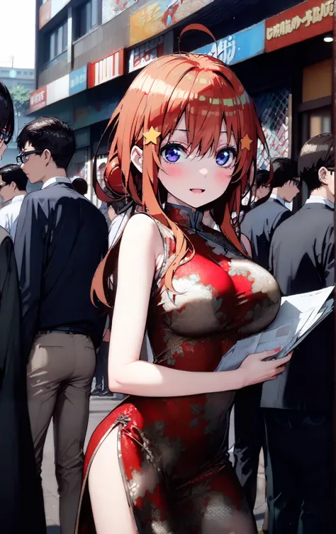 Nakano Mizuki ,  long hair,  blue eyes,  hair ornament,  red hair,  hair bun , star (  symbol ), Lick the boy's penis with half-framed glasses ,  glasses under the rim, star  hair ornament, smile,blush, open the mouth,sleeveless red floral china dress,Big ...