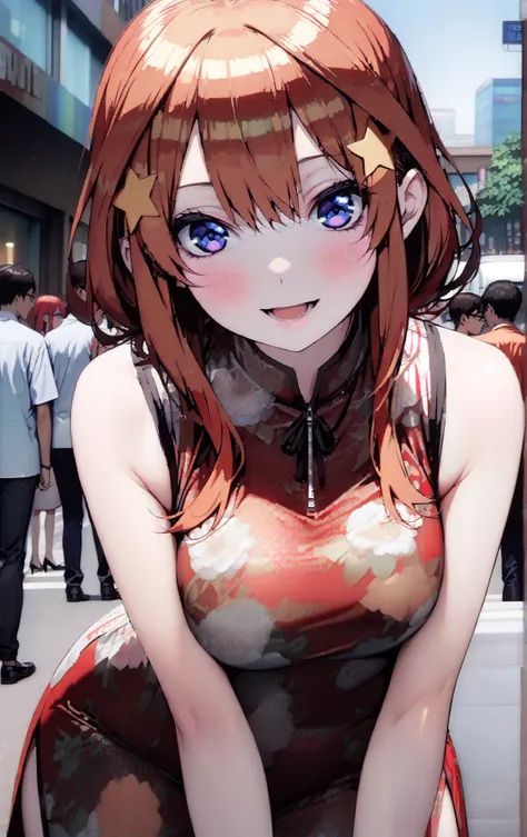 Nakano Mizuki ,  long hair,  blue eyes,  hair ornament,  red hair,  hair bun , star (  symbol ), Lick the boy's penis with half-framed glasses ,  glasses under the rim, star  hair ornament, smile,blush, open the mouth,sleeveless red floral china dress,Big ...