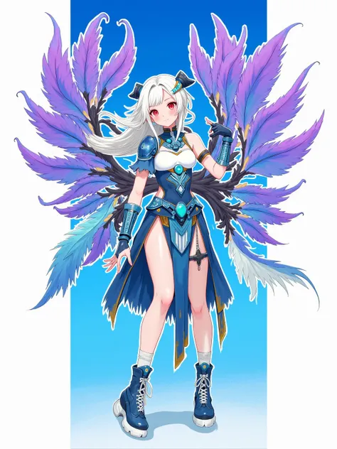 mercy_overwatch,1girl,portrait, upper body, cowboy shot, hand pose, purple wings, hair over one eyes, blue armor, skirt,mechanical wings,red eyes,candid,close up, alternates costume, character concept, blue theme, white accent, black, neckles, high detail,...