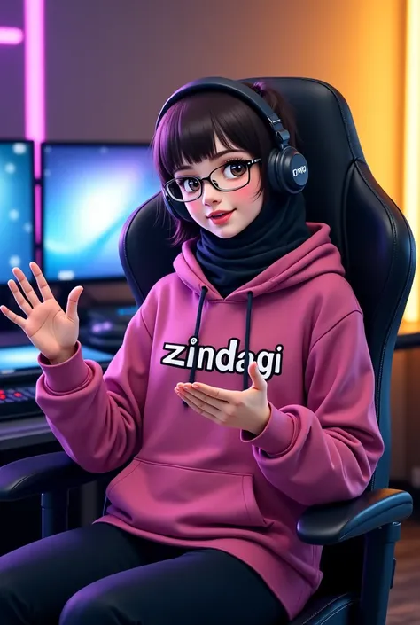 muslim anime girl sitting confidently on a modern gaming chair in her working place. She is wearing a english pink hoodie with zindagi boldly printed on it. Her face is clearly visible and expressive despite wearing a sleek black COVID-19 mask. The girl is...