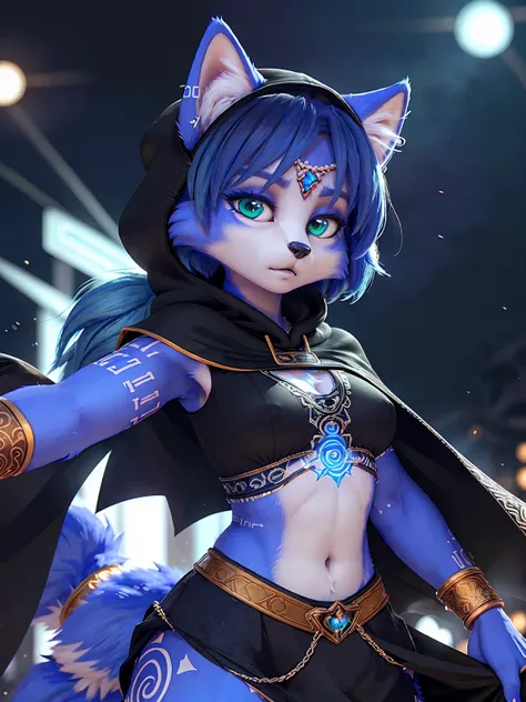 ((krystal)), Star Fox-Krystal, lovable,  green eyes, ((( Long blue hair 1.3))), Decollete, anthro, blurred,  detailed Fluffys fell,    detailed face , (Fluffy),  1 girl, ,woman, Goth,  green eyes, Undercut,  Ultrarealistic 8k CG,  masterpiece, (( ultra-pre...