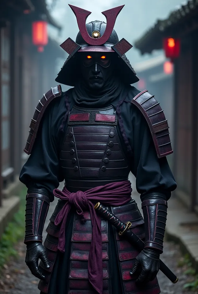 A mysterious samurai ,  wearing black and purple armor with scarlet details. Your helmet is black and purple. Your gaze is penetrating,  and he holds a poisoned katana .  His posture is stealthy ,  like a hunter on the prowl .  The background may be a dark...