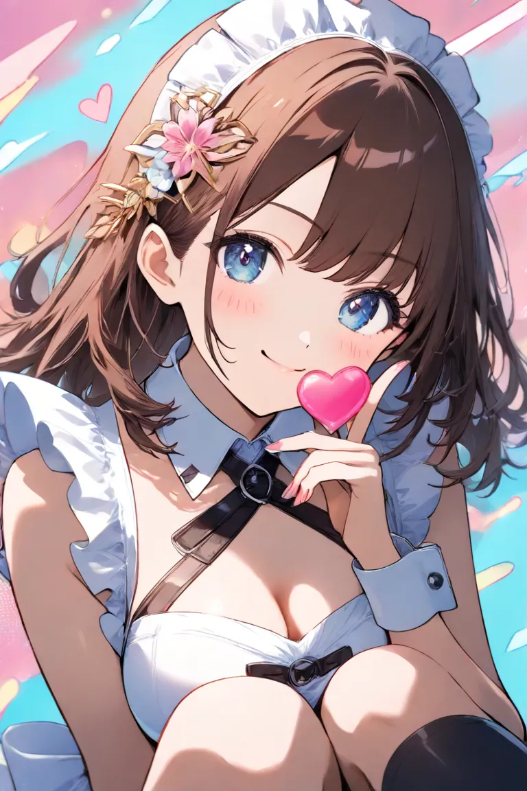 From the chest up　 long brown hair　 white maid clothes 　 pink flower hair ornament 　Black knee socks　 medium breasts　 holding a pink heart　 wink