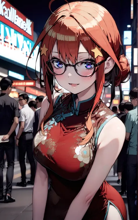 Nakano Mizuki ,  long hair,  blue eyes,  hair ornament,  red hair,  hair bun , star (  symbol ), Lick the boy's penis with half-framed glasses ,  glasses under the rim, star  hair ornament, smile,blush, open the mouth,sleeveless red china clothes,Big Breas...