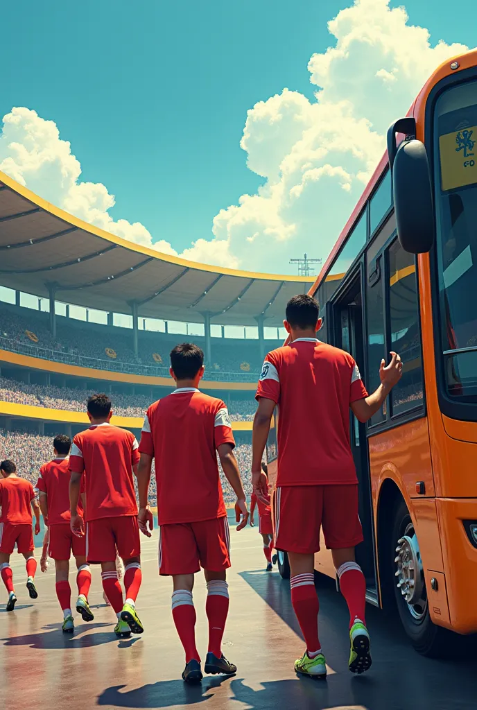 A soccer team with their coach, dressed in red-white scending out of the bus in front of a stadium which is painted in yellow and blue colors