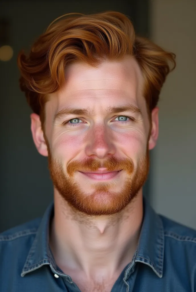 

**theme**:  portrait of a man .

** Physical Features **:
- **hair**:  Red-haired man with reddish gold hair .  The hair is medium length , slightly wavy, with a healthy glow.
- **eyes**: eyes azules,  together and expressive ,  that convey a sense of wa...