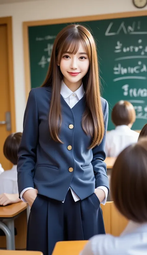 12K、hdr、 bit depth 10bit with old clothes、The model is a high school student.、 I'm wearing a school uniform、 blazer uniform、 in the classroom、Picture showing a blackboard、 Random Hairstyles 、 with a smile、Full body image、An image showing many of my classma...