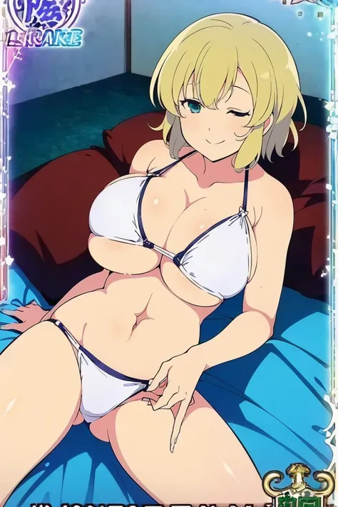  Senran Kagura,( Masterpiece),( top quality),(ultra detailed),(  highres),2D, anime, (  Anime art), lineart , watercolor,loli,(1 girl),smile, (mega breasts:1.6),(swim suit),( white bikini),(lie down:1.6),(bed room)