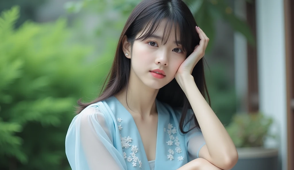  face, this is、long ,  straight ,  with dark hair,  .  in her dress  ,  The young 々Funny face,  contains pale pink lipstick .  Her eyes are soft and brown  , And her gentle , Quiet look.   she wears light clothes  ,  in a pale blue blouse with delicate whi...