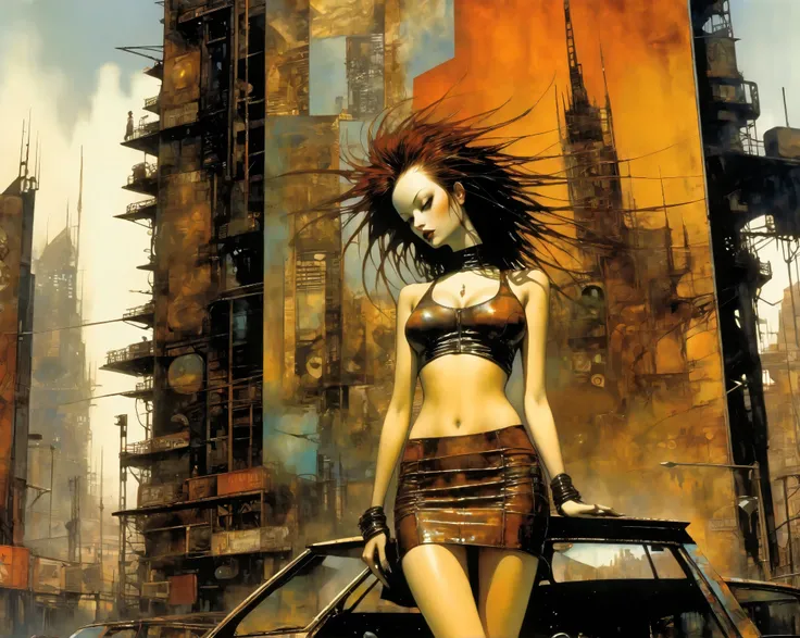  Future City Sexy Girl .1.5, Rust Metal City ,  Many details , car, building, Billboard,  Leather Mini Skirt and Very Tight Longline Blouse, ( Art Inspired by Dave Mckean ,  Intricate Details ,  Oil Painting )
