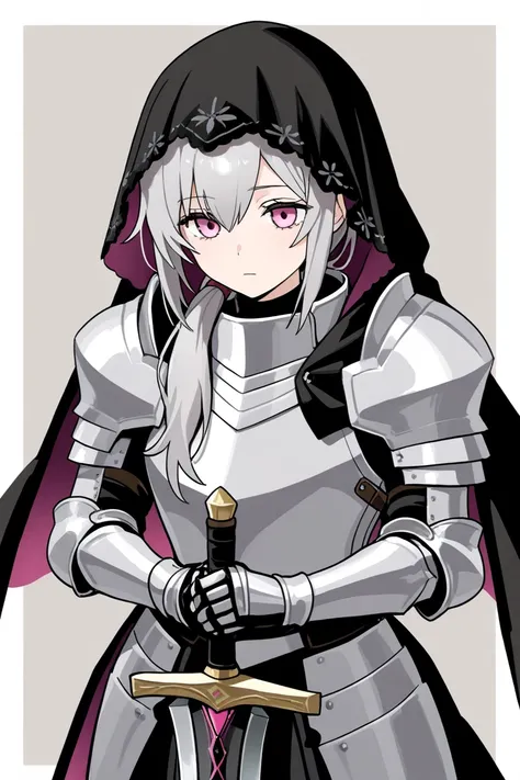 black full plate knight armor, black hood, black veil, light gray long ponytail, downturned dark cirlce pink eyes gray knight girl, holding two handed sword