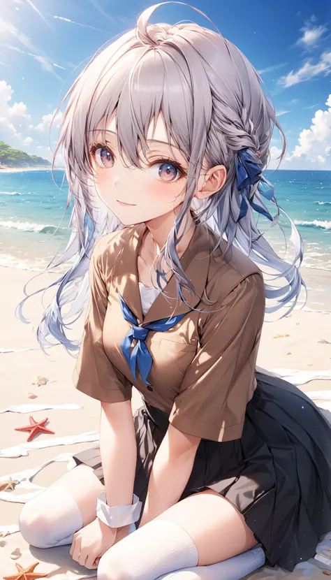 (( masterpiece)), (( top quality)), (( high res)), (( high definition CG Unity 8K wallpaper)),  alone, Tachibana Kanade,  brown uniform,  black skirt ,  white socks, Outdoors, face,  beach, hanging hair,  parted hair  ,  Silver Hair