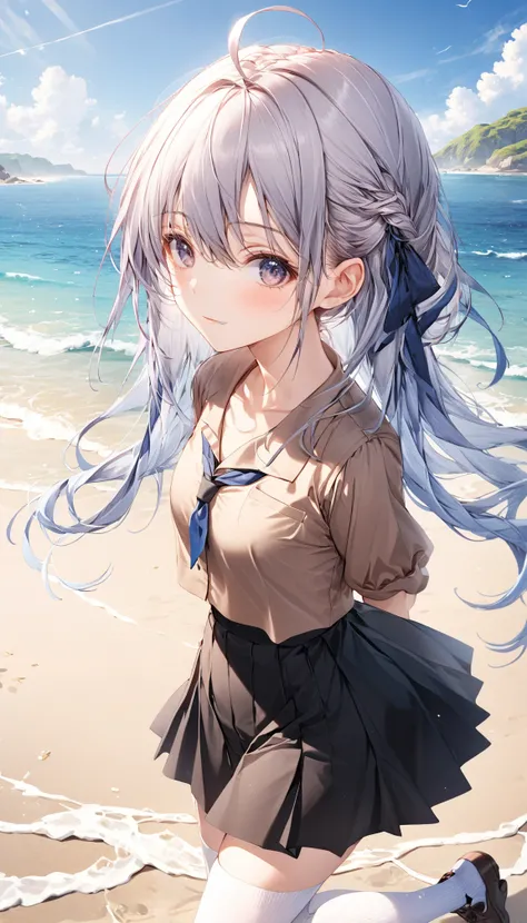 (( masterpiece)), (( top quality)), (( high res)), (( high definition CG Unity 8K wallpaper)),  alone, Tachibana Kanade,  brown uniform,  black skirt ,  white socks, Outdoors, face,  beach, hanging hair,  parted hair  ,  Silver Hair