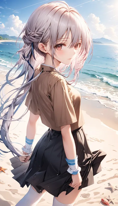 (( masterpiece)), (( top quality)), (( high res)), (( high definition CG Unity 8K wallpaper)),  alone, Tachibana Kanade,  brown uniform,  black skirt ,  white socks, Outdoors, face,  beach, hanging hair,  parted hair  ,  Silver Hair