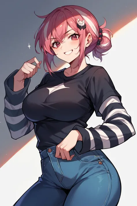 1 girl, solo, black short sleeve t-shirt, layered sleeves, white long sleeves, jeans, defhortensia, large breasts, hair ornament, black t-shirt over white long sleeves, large breasts, confident smile, striped sleeves, black and white stripes,