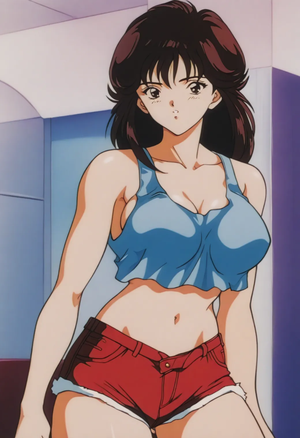 sysdeep_Tomoko,  dark brown hair,  dark eyes,  anime coloring ,   retro art style, cowboy shot.sexy body. tank top. hot pants.Big Breasts