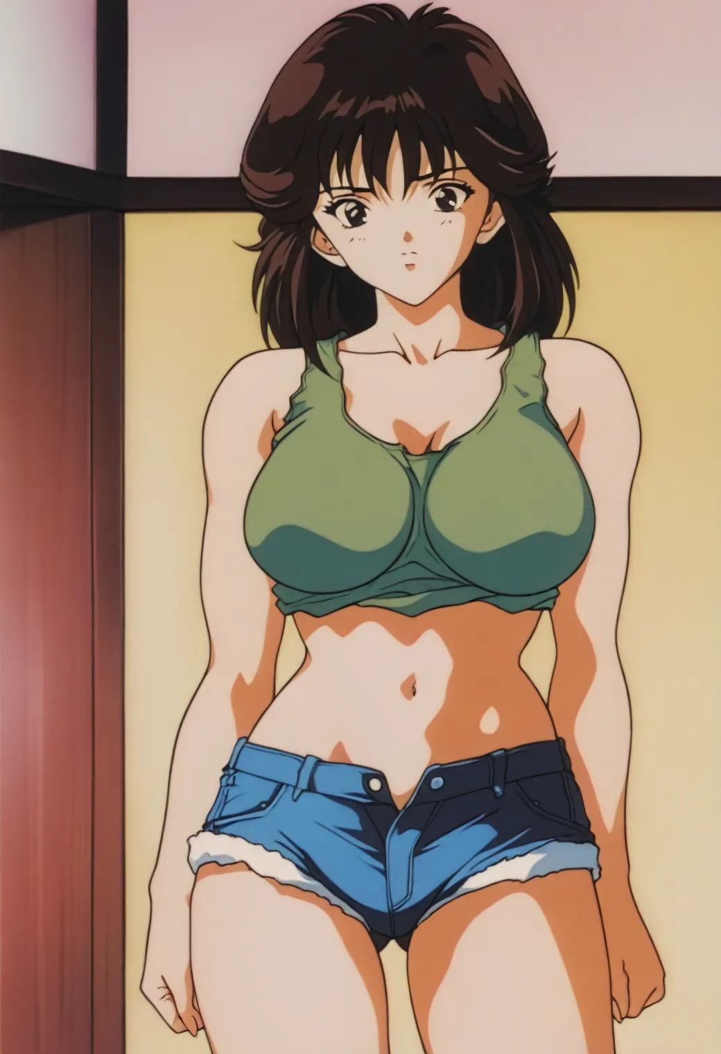 sysdeep_Tomoko,  dark brown hair,  dark eyes,  anime coloring ,   retro art style, cowboy shot.sexy body. tank top. hot pants.Big Breasts