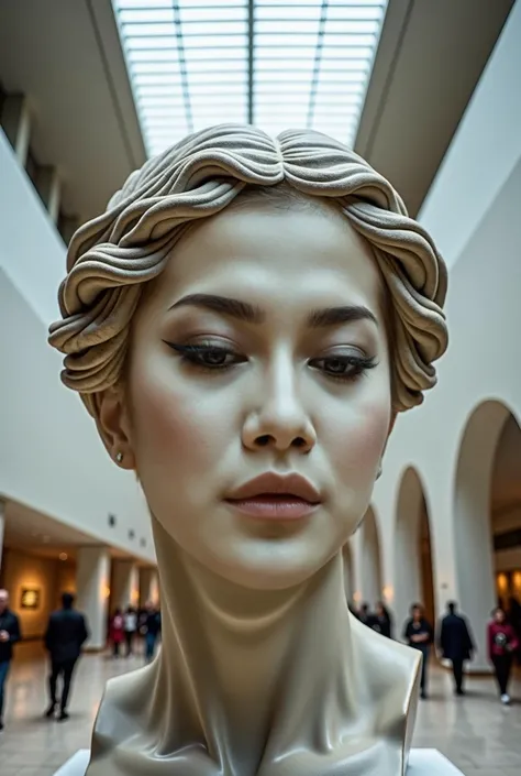 ((( disembodied head statue ))) giant statue of a woman's head is on display at the museum, look up front view