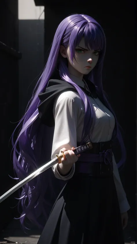  A young Japanese woman with long and long straight purple hair,  with a long lock covering the left side of her face ,  penetrating green eyes, a pale white skin , thin and tall,  Serious expression,  dressed as an assassin ,  in a dark alley in the middl...