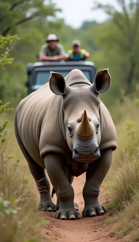 
"The rescue team has released the rhino in a less dense jungle area, surrounded by wilderness, and they are watching it with joy from a safari vehicle, happy to see the rhino thriving in its new surroundings."