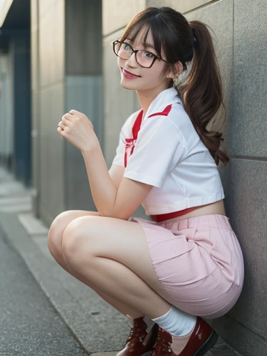  Details, full body photo、  high res,  high quality、 slender body for a slim stomach、 perfect dynamic composition,  beautiful details ,  blonde、 ponytail、 natural color lips ,Kamimei、  Old Girl 、1 person、 beautiful skin with glasses、 sailor suit、 red mini ...