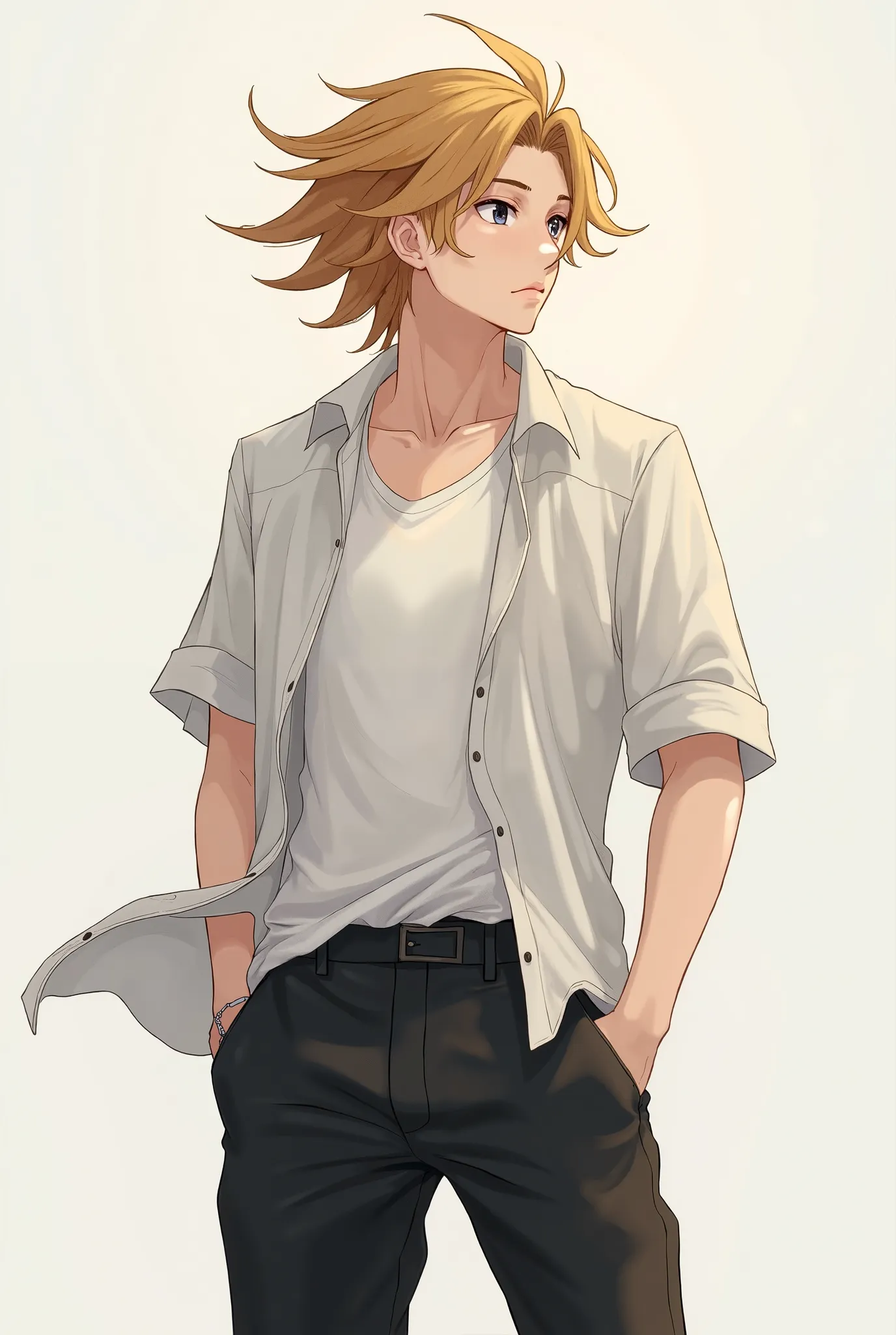 Anime, male, 16-, bronze-gold hair, white shoes, black pants, unbuttoned shirt, T-shirt, black eyes, looking to the side.